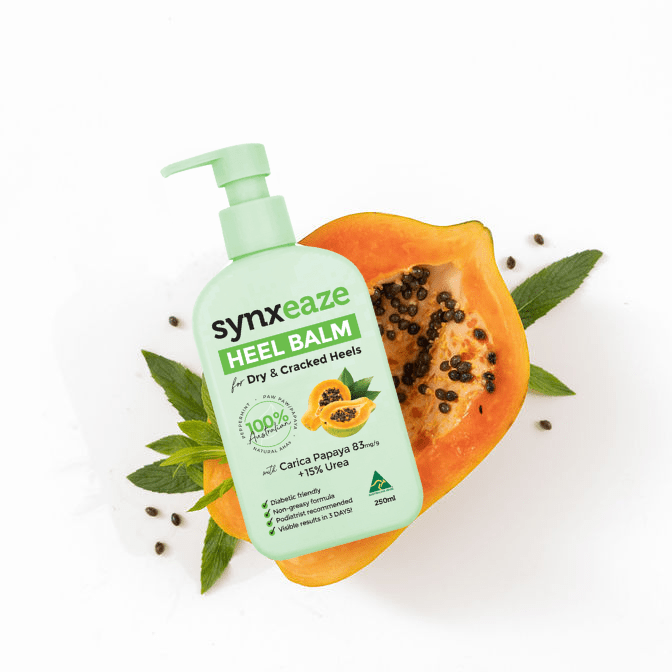 synxeaze heel relief balm with papaya and AHAs to moisturise dry and cracked heels