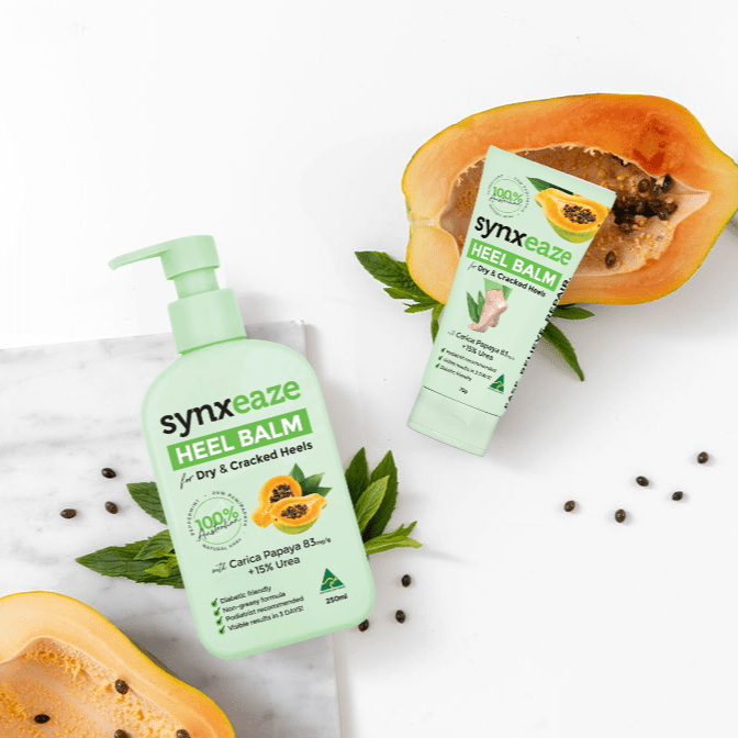 synxeaze heel relief balm with papaya and AHAs to moisturise dry and cracked heels