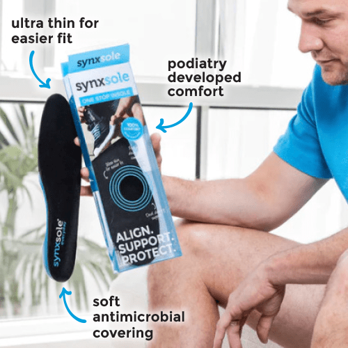synxsole one stop insole next to packaging, pronation, flat feet, align the body, support feet, support lower limbs, protect joints