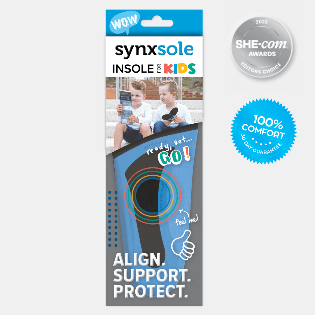 Synxsole - Kinds Insoles, Gently supports the growing foot from growing pains, in-toeing, heel pain and leg aches