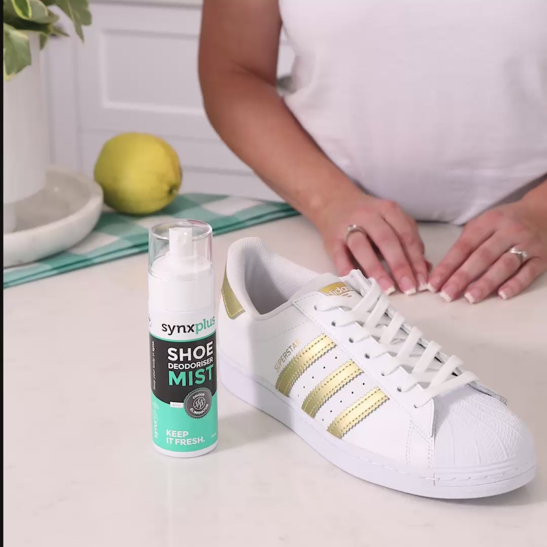 video of synxplus shoe deodoriser mist, keep kicks clean, smell fresh, lemon scent, odour eliminating, shoes, sneakers