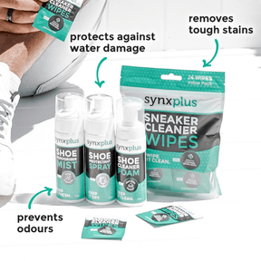 synxplus shoe clean bundle, wipes, cleaner foam, deodoriser mist, shoe protectant, bundle, sneakers, shoes