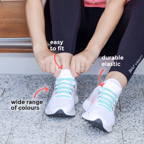 lady pulling on sneakers using synxlace no tie laces, easy to fit, durable elastic, wide range of colours, suitable for everyone of any age and for all activities including running, cycling, hiking and walking