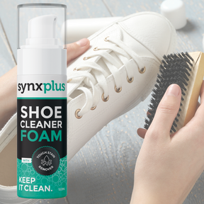 synxplus shoe clean bundle, cleaner foam on sneaker with brush, sneakers, shoes