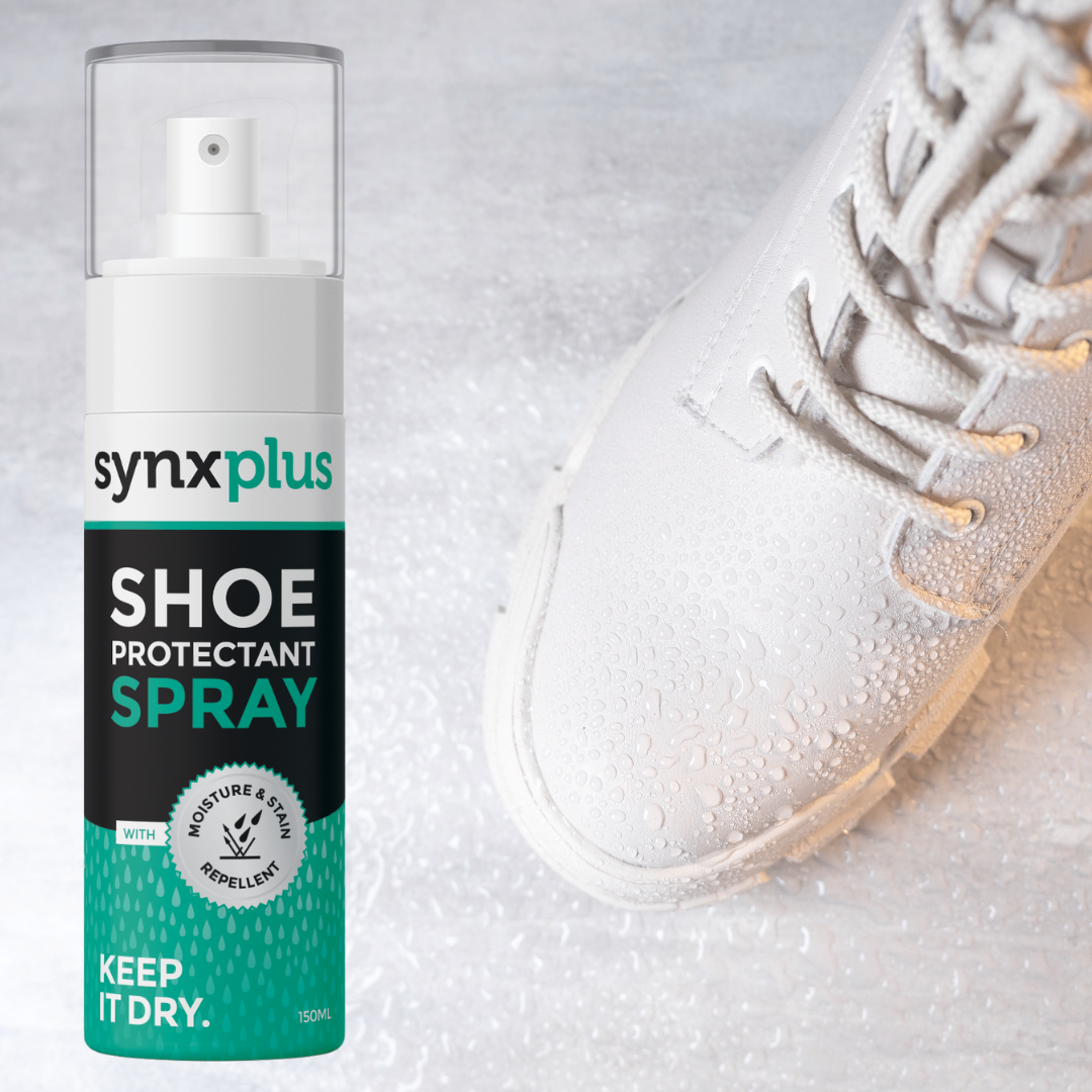 synxplus shoe clean bundle, shoe protectant spray next to sneaker, bundle, sneakers, shoes