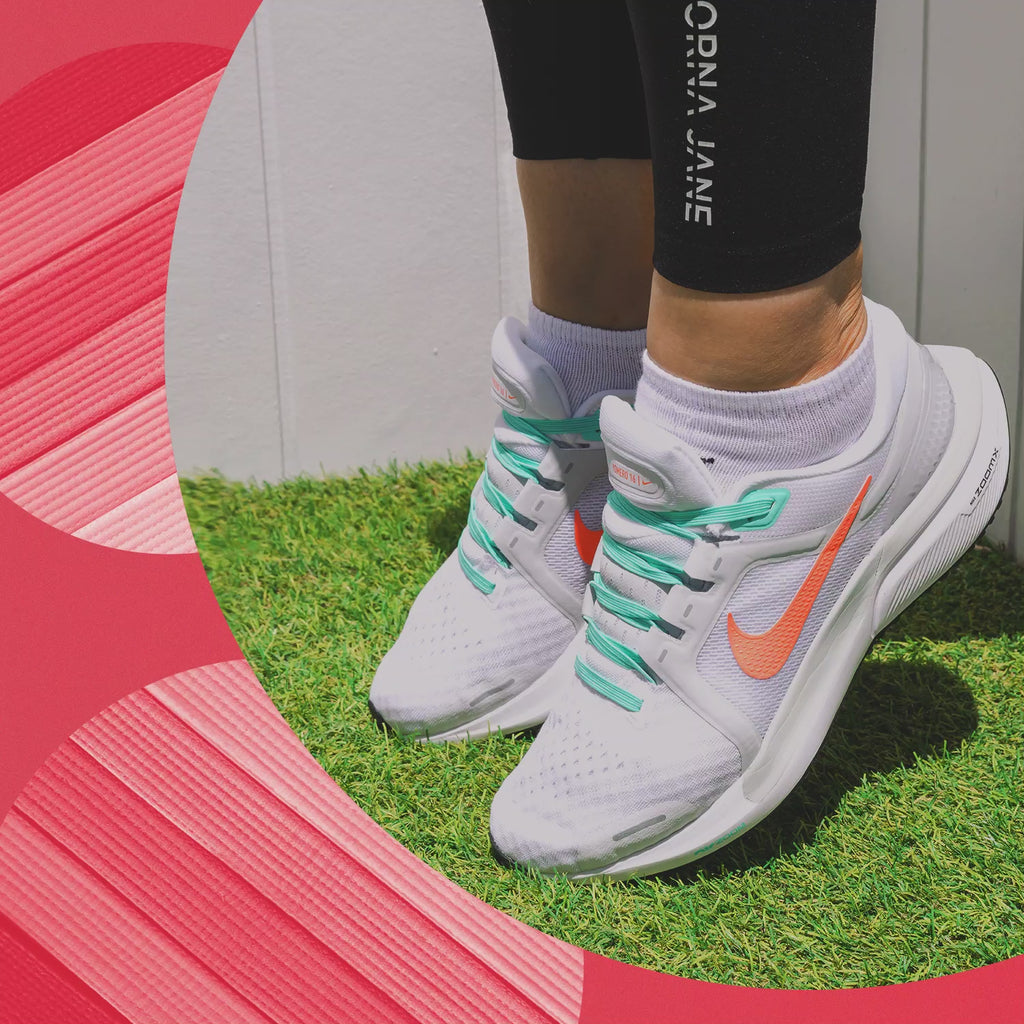 lady wearing sneakers using synxlace no tie laces, easy to fit, durable elastic, wide range of colours, suitable for everyone of any age and for all activities including running, cycling, hiking and walking