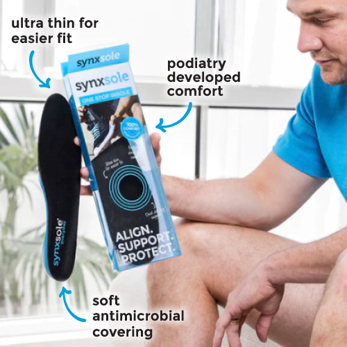 infographic - man holding up synxsole one stop insole next to packaging, pronation, flat feet, align the body, support feet, support lower limbs, protect joints