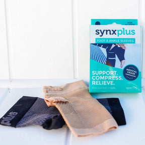 a pair of black and nude synxplus foot and ankle compression sleeves to relieve pain, swelling, inflammation