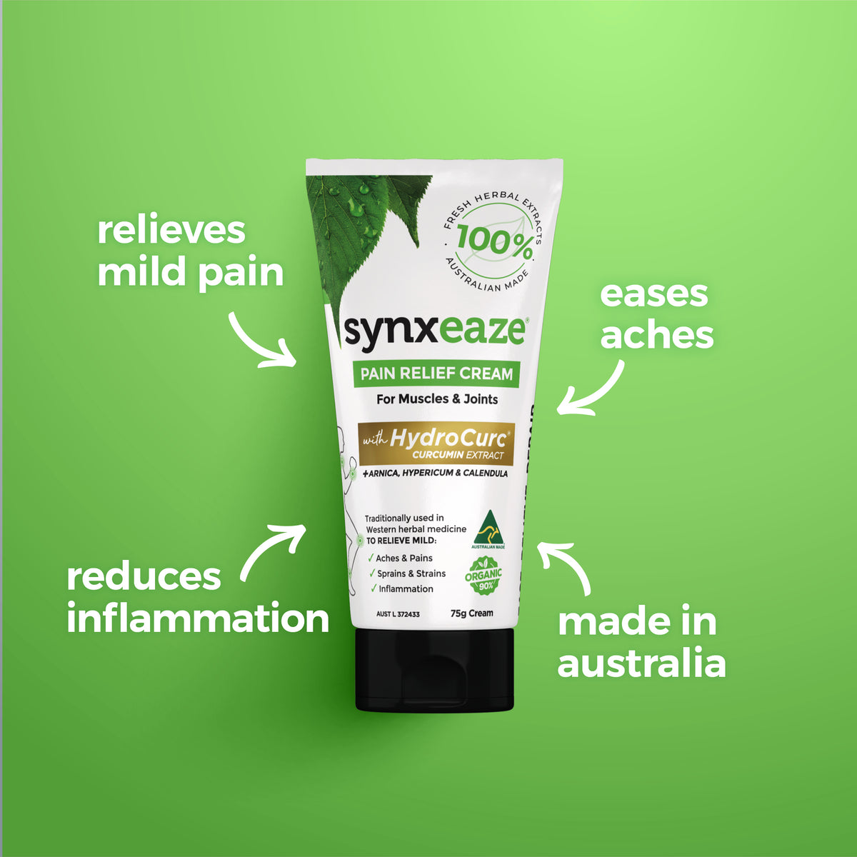 Made in Australia, synxeaze pain relief cream with curcumin tube can be used to relieve mild pain, reduce inflammation, ease aches and pain