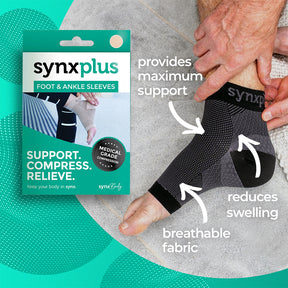 a man wearing a synxplus foot and ankle compression sleeve on his foot to assist relieve pain, swelling, inflammation