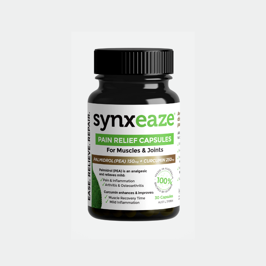 synxeaze pain relief capsules, relieve mild pain, improves muscle, recovery time, ease inflammation, contains PEA, made in australia
